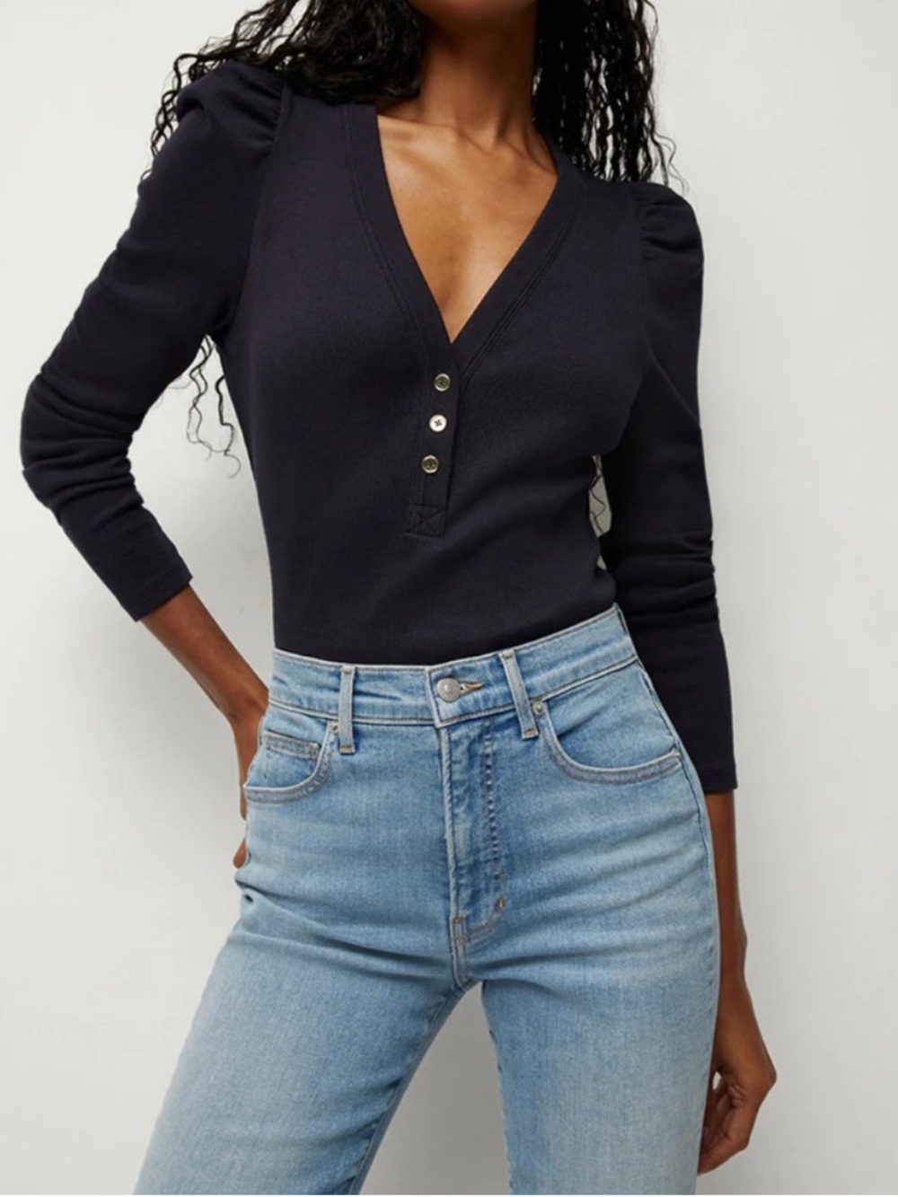 Veronica Beard Dekalb Rib Puff Shoulder Navy V-Neck Henley Top Shirt
